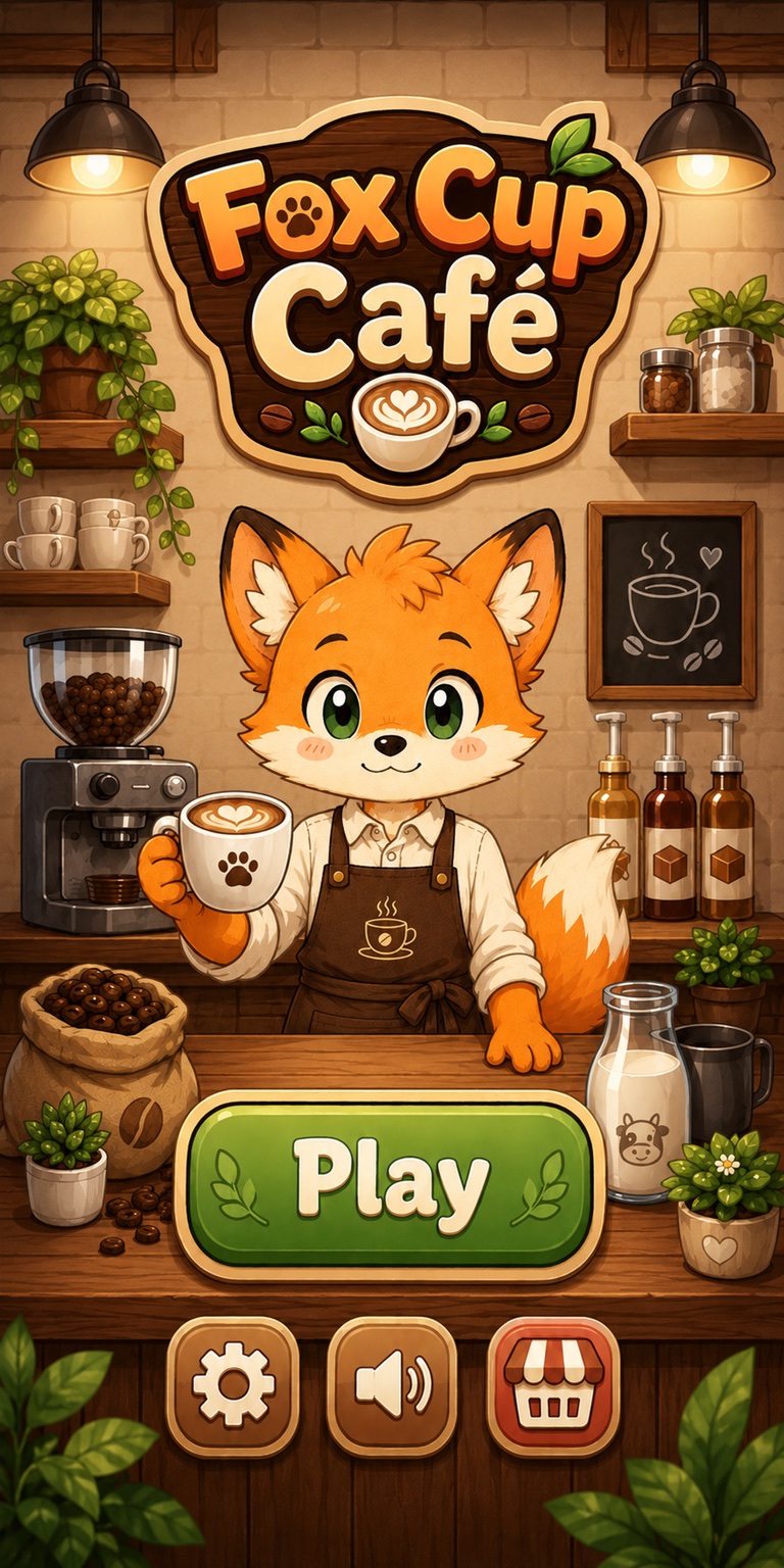 Fox Cup Café start screen with the fox barista